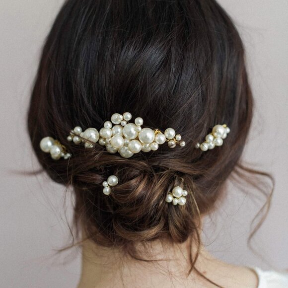 [SOLD] Twigs & Honey Pearl Bubbles Hair Combs and Pins, Set of 5 - Picture 1 of 7